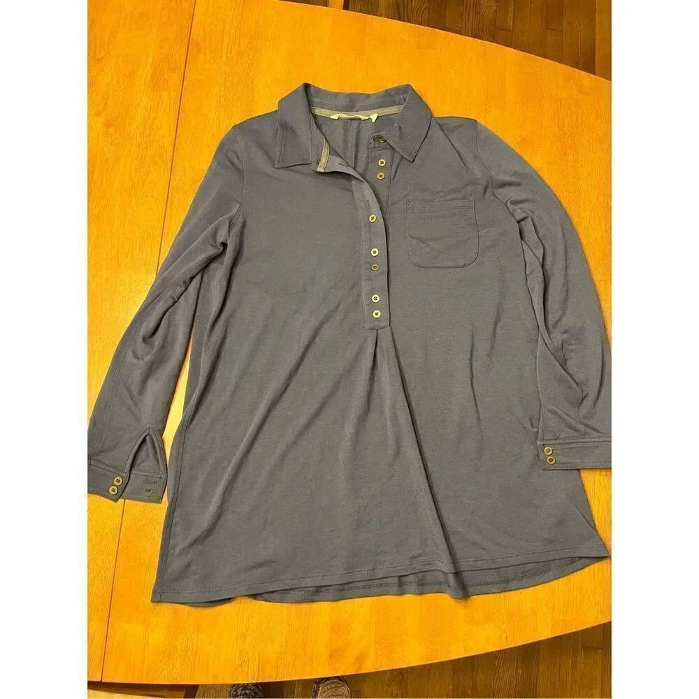 Soft Surroundings M Dusty Blue Roll Tab Sleeve Collared Flowy Tunic Stretch